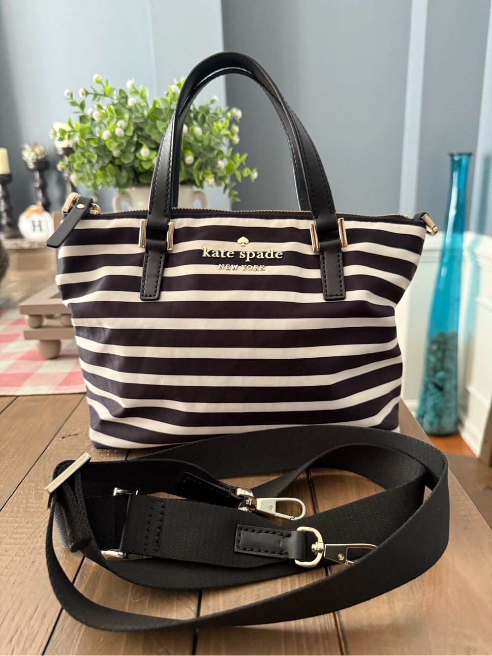 kate spade Black and White Striped Shoulder Tote with Gold Logo